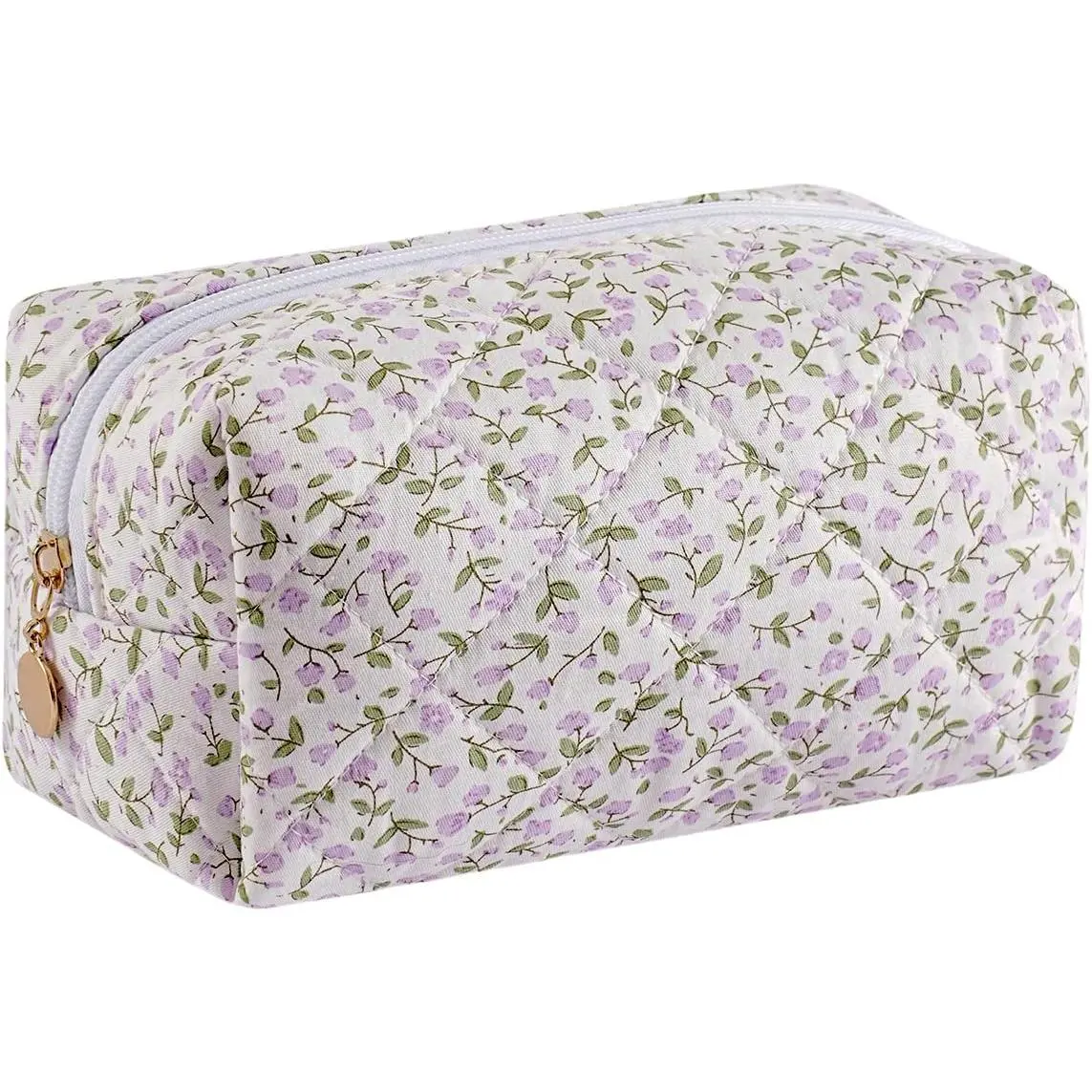 Cute Floral Makeup Bag Small Cotton Quilted  Bag, Aesthetic Essential Bag Toiletry Period Bag for Women Travel Accessories (Purple )