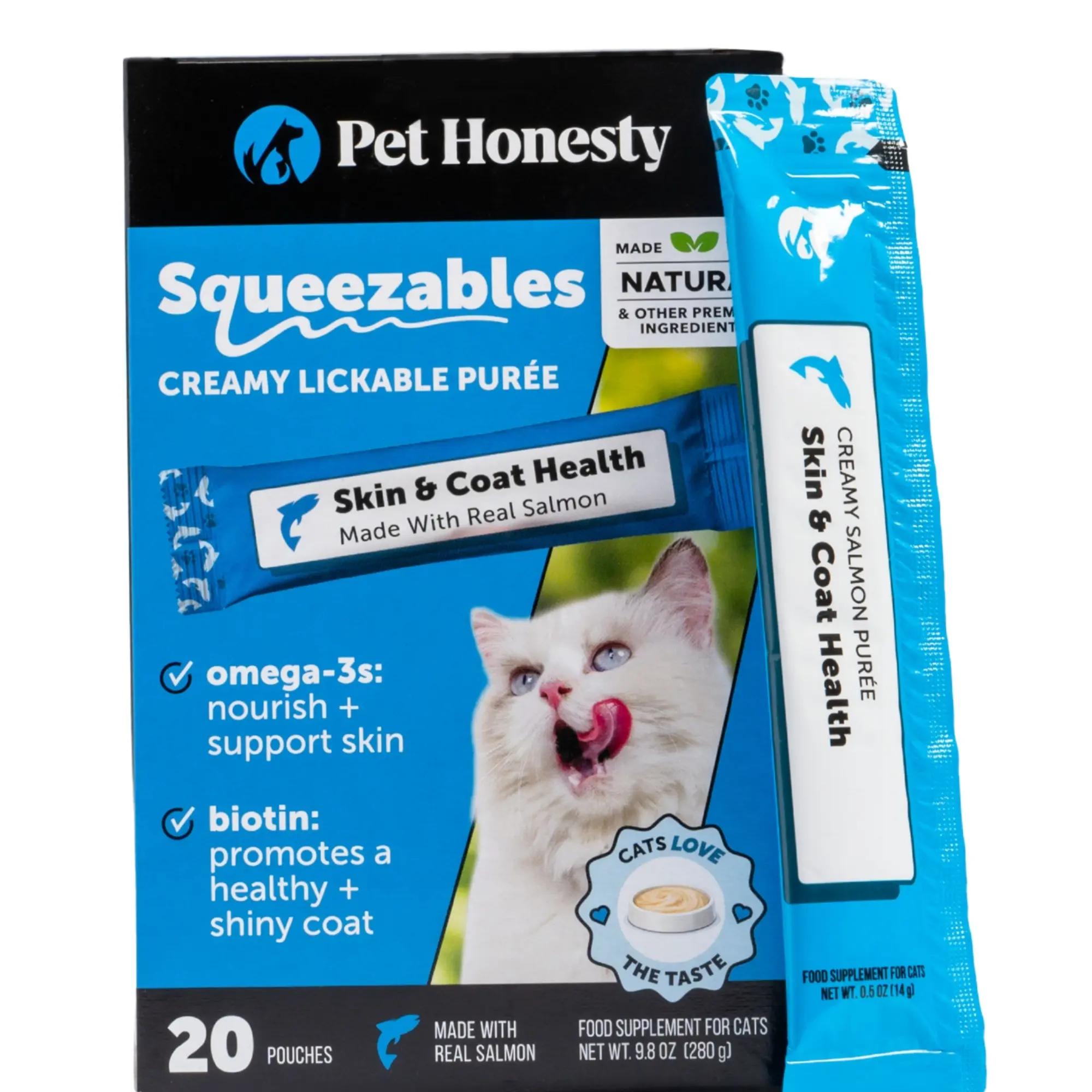 Pet Honesty Squeezables Skin & Coat Health Lickable Supplement for Cats, 20 Pouches Pet Honesty Squeezables Skin & Coat Health Lickable Supplement for Cats, 20 Pouches