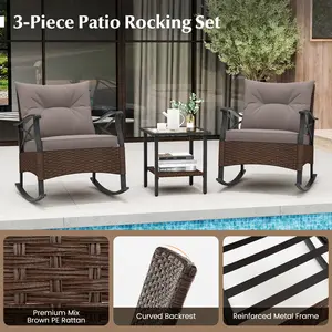 COSTWAY - 3 Pieces Outdoor Rattan Rocking Chairs Set with  2-Tier Side Table for Garden Backyard-Brown