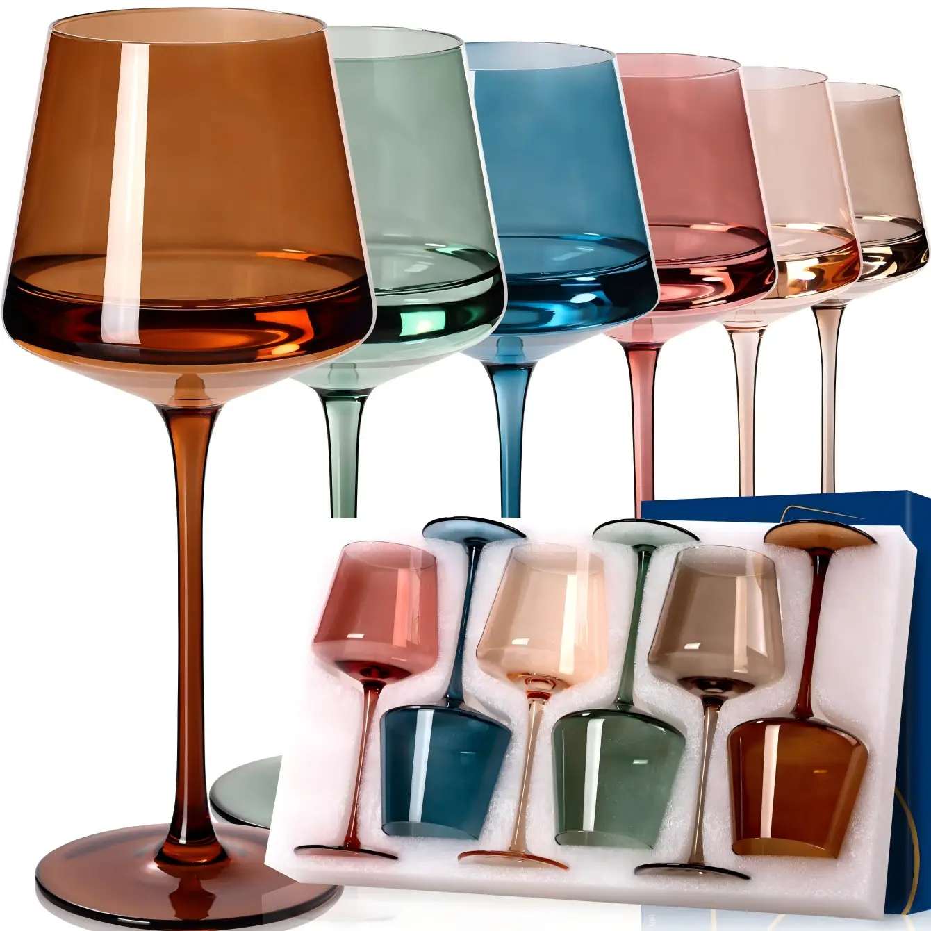 【Birthday Gifts】18oz Handmade Square Muted Color Wine Glasses Set of 6, Stylish Aesthetic Colored Drinkware for Party, Wedding Gifting, Stylish Drinkware