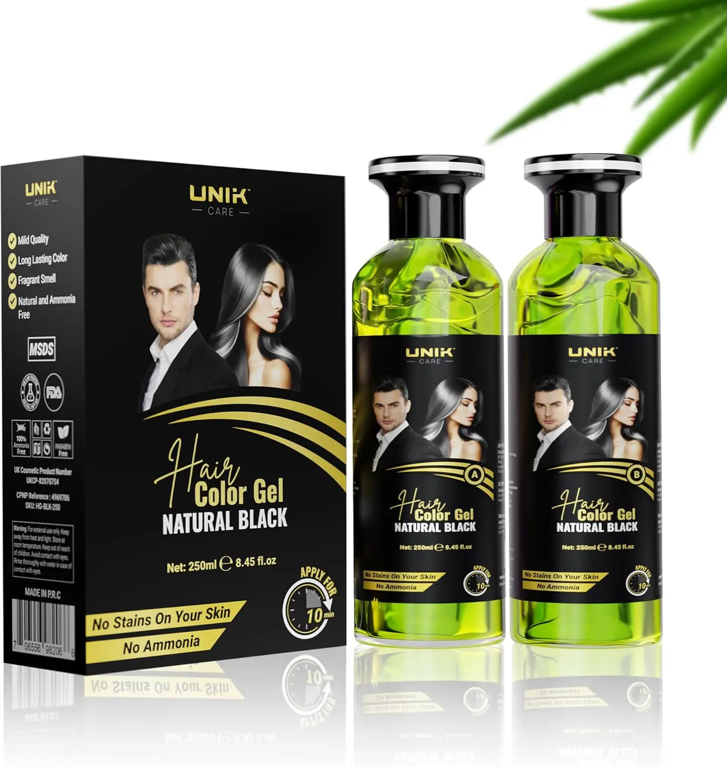 Organic Hair Colour Gel Natural Black – Ammonia-Free Temporary Dye with Argan Oil & Fruit Vinegar, 100% Grey Coverage, No Skin Staining – Easy to Use for Men & Women – Beard & Hair, 2x250ml