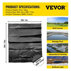【Summervibes】VEVOR LLDPE Pond Liner 20x25 ft, Pond Liner 20 Mil, Fish Pond Liners for Waterfall, Pond and Fish Ponds