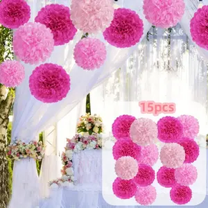 15PCS Hot Pink Tissue Pom Poms Paper Flowers Hanging Decorations Pink Flower Ball for Mother's Day Wedding Nursery Birthday Party Backdrop Home Outdoor