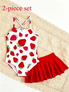 Girls Strawberry Pattern Swimsuit Set, Cute Two-Piece Swimwear, Strapless One Piece Top & Layered Ruffle Skirt, Beach Vacation, Swimwear Sets