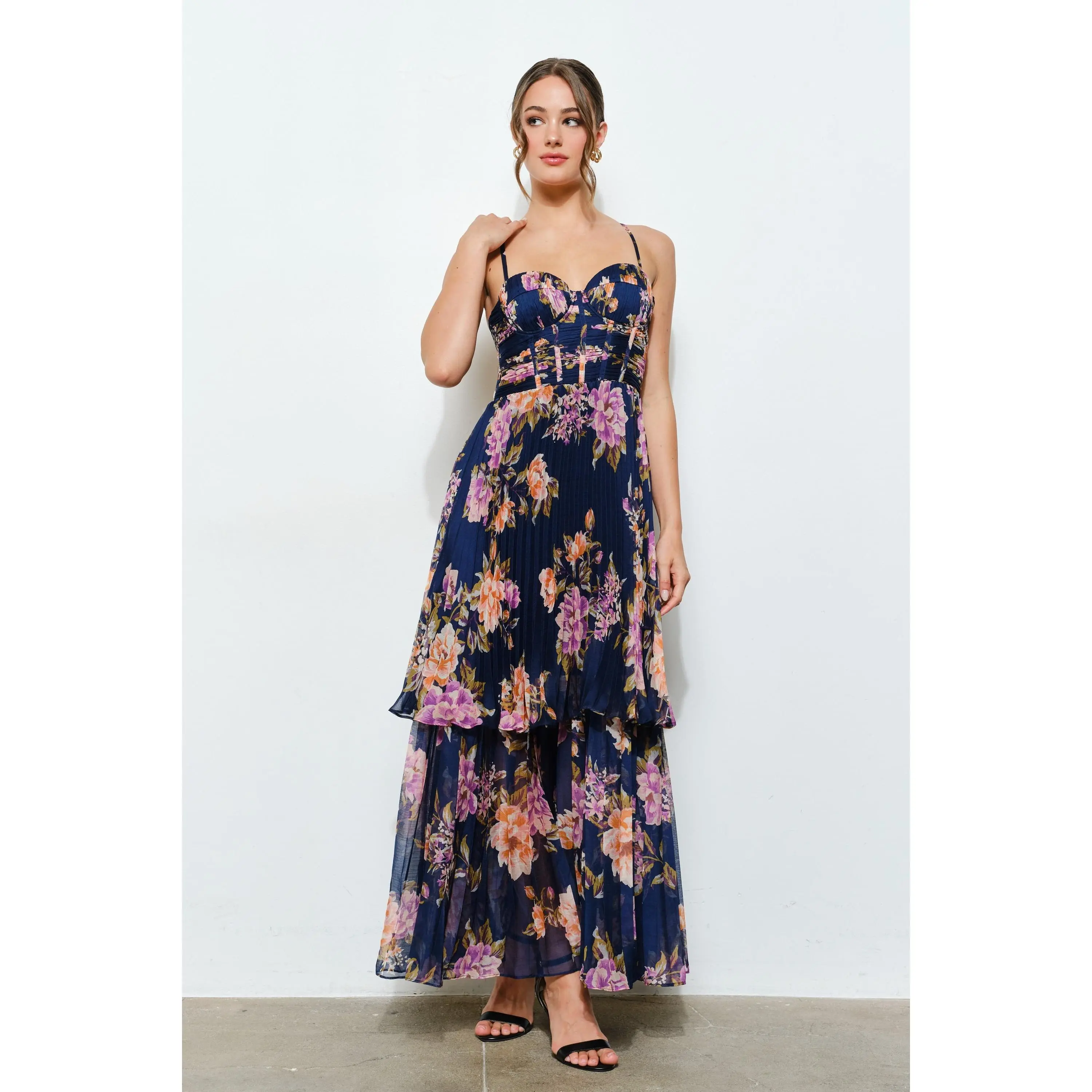 Romantic Floral Sheer Sweetheart Tiered Maxi Dress