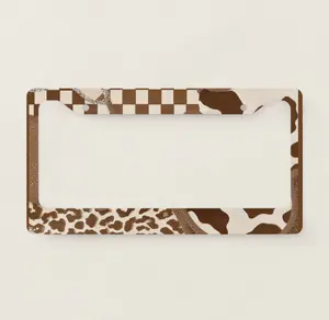 Checkered Brown Wavy Mocha Aesthetic Cow Print Cut License Plate Frame