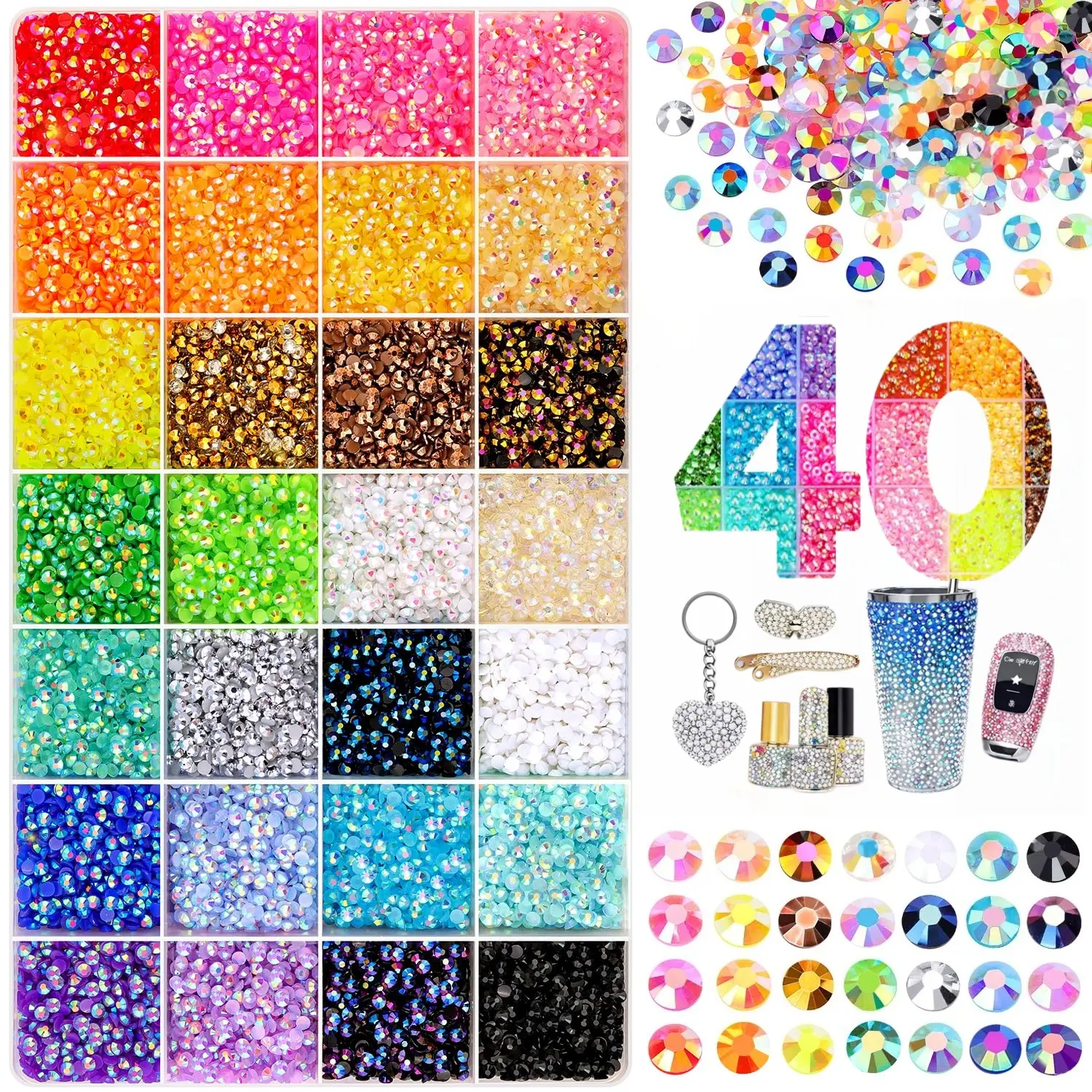 DIY Bedazzling Kit with  24 or 40 Grids Resin Rhinestones, Tweezers & Pick Up Pen, Bling Gem Kit for Crafts, Clothes, Shoes ,Nail Art&Accessories