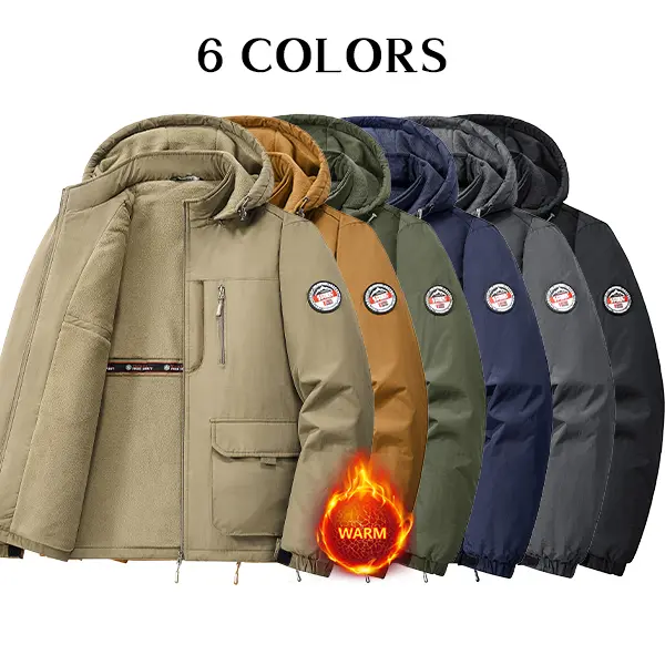 Men’s fleece hooded workwear jacket, available in 6 colors, thick and warm for outdoor wear in autumn and winter