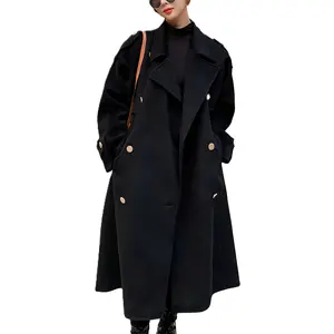 Ebossy Women's Winter Double Breasted Midi Long Wool Pea Coat Notch Lapel Trench Coat Minimalist Basic Jackets Thermal Lined Outerwear