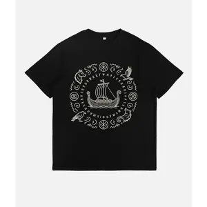 Viking Longship Norse Mythology Graphic T-Shirt, Odin Raven Wolf Rune Circle Tee