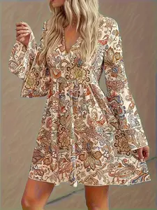 Paisley Print Layered Flared Bell Sleeve Boho Bohemian V Neck a Line Long Sleeve Dress, Women's Casual Summer Fashion, Elegant Party Wear, Fit, Womenswear
