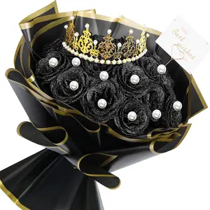 Black Glitter Roses Bouquet Artificial Roses  with Flower Wrapping Paper Crowns Cards for Valentine's Day Graduation Anniversary Engagement Wedding  to School