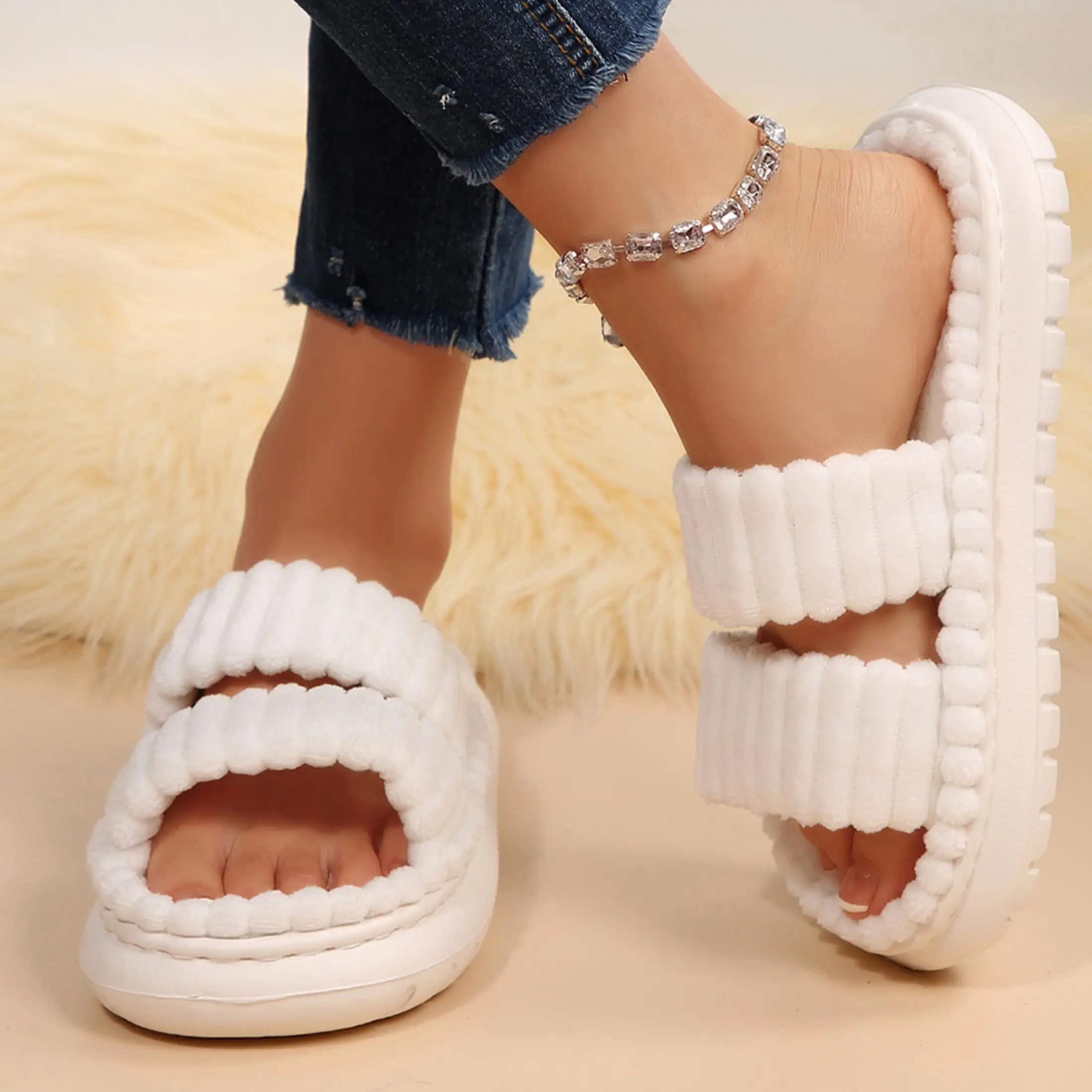Women's Fluffy Double Strap Slippers - Women's Corduroy Platform Slides, Comfortable & Fashionable Daily Wear