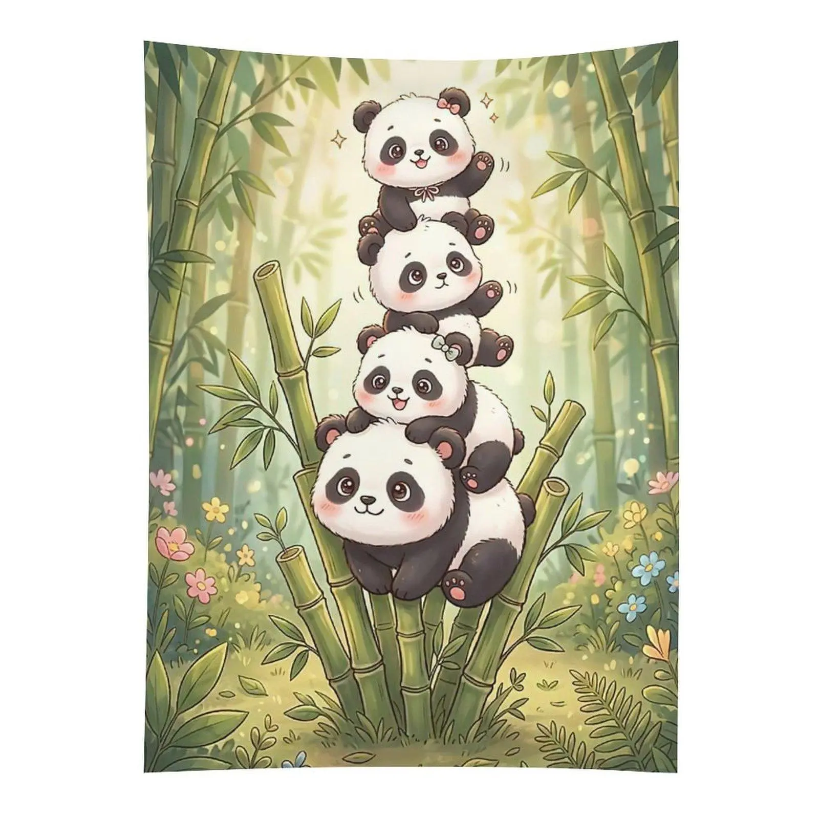 Cute Panda Stack Tapestry Bamboo Forest Kawaii Animal Wall Decor