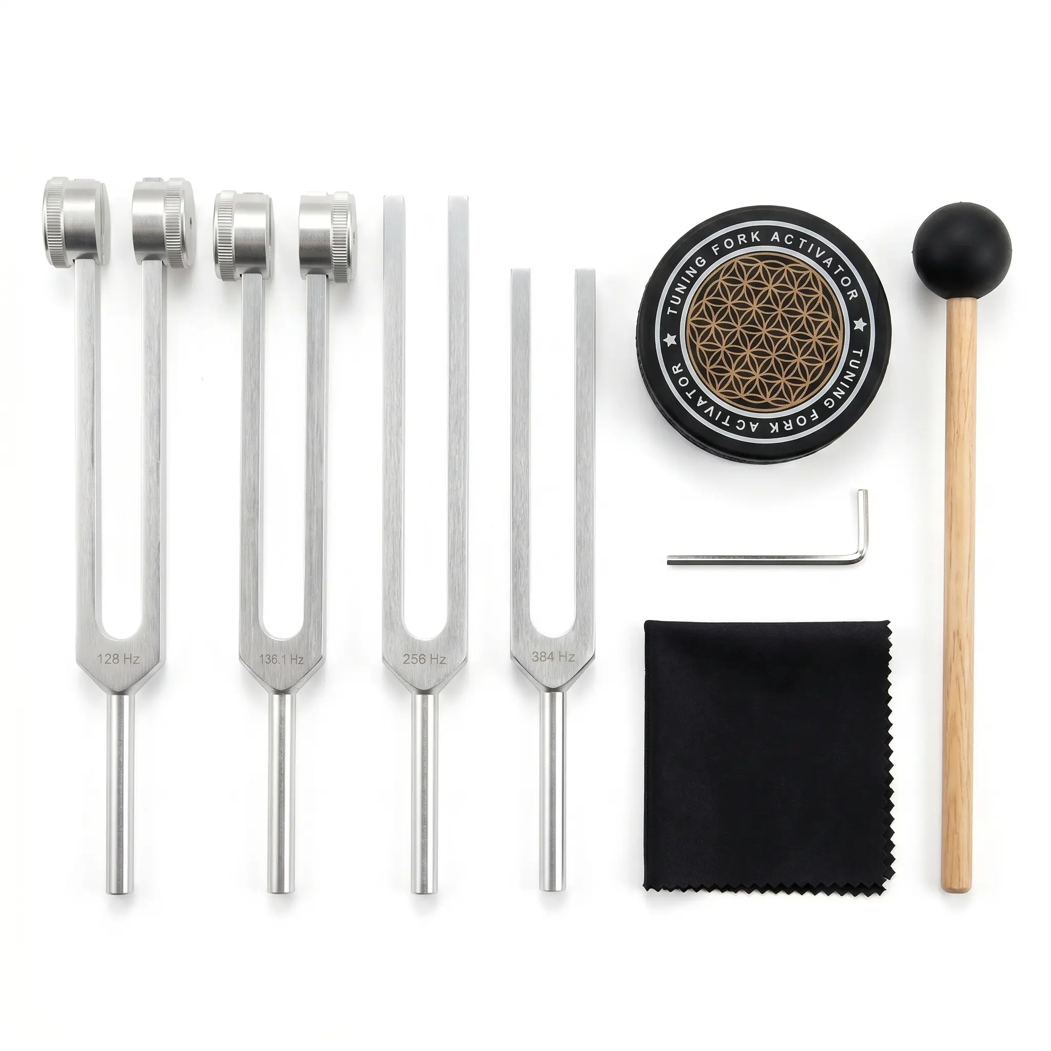 Reiki Sound Therapy Cutlery Tableware Tuning Fork Set (4-Piece, 128/136.1/256/384 Hz) with Activator, Mallet, Hex Key for Yoga Beginners’ Reiki Practice, Personal Sound Exploration