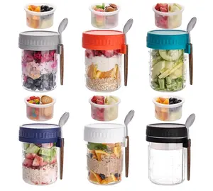 6 Pack Overnight Oats Containers with Lids and Spoons, 16 OZ Glass Mason Jars with Removable Separate Compartments, Airtight Leak Proof Oatmeal Container for Chia Pudding, Yogurt, Breakfast, Cereal