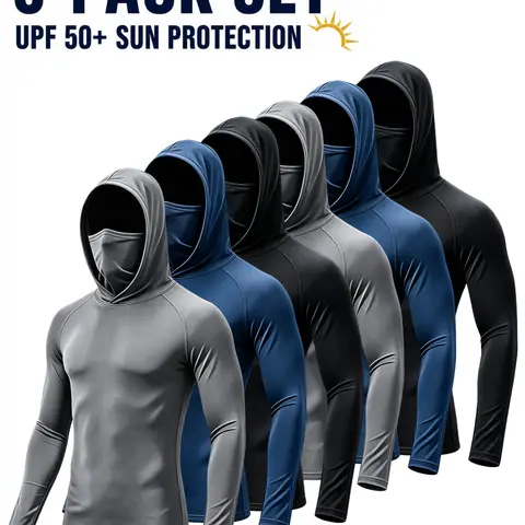 Men’s Thin UV Block Sun Hoodies - Breathable Mesh Face Mask Built-in, Long Sleeve Sport Shirts, 6/3 Pack Athletic Tops for Fitness, Biking, 6-Day Clean Shirts, All Seasons Outdoor Use