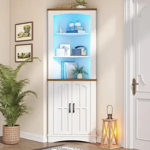 HOOBRO Corner Cabinet with LED Lights, 67" Tall Farmhouse Corner Storage Cabinet with Doors and Storage Shelves, 5-Tier Corner Bathroom Cabinet, for Living Room, Kitchen, White and Walnut#SpringSale #BigSpringSale