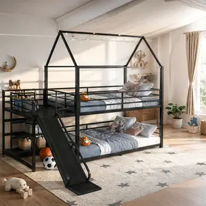ARCH Full Metal House Bunk Bed with Storage Stairs Slide Safety Rails Black MDF Wood Kids Children Bed Frame Twin Over Full Loft Bed with Built-in Storage Play Area Noise-Free Sturdy Frame for Bedroom, Full Size Options, Black Color Options