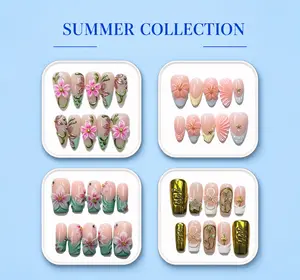 GakuNails SUMMER COLLECTION - 10PCs Handmade Press-On Nails Reusable with Tool Kit Eco-Friendly Design Includes Nail Glue Sticky Tabs Nail File Cleansing Alcohol Wipe Precision Cuticle Tool