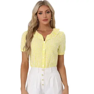 INSPIRE CHIC Women's Plaid Gingham Puff Sleeve Ruffle Peter Pan Collar Shirt Yellow Medium