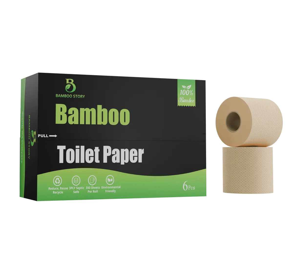 Bamboo Story Bamboo Toilet Paper, FSC Certified 100% Bamboo, Free from chemicals,PFAS and chlorine, Unbleached, No BPA and Phthalates, 350 sheets per roll, 6 rolls per pack