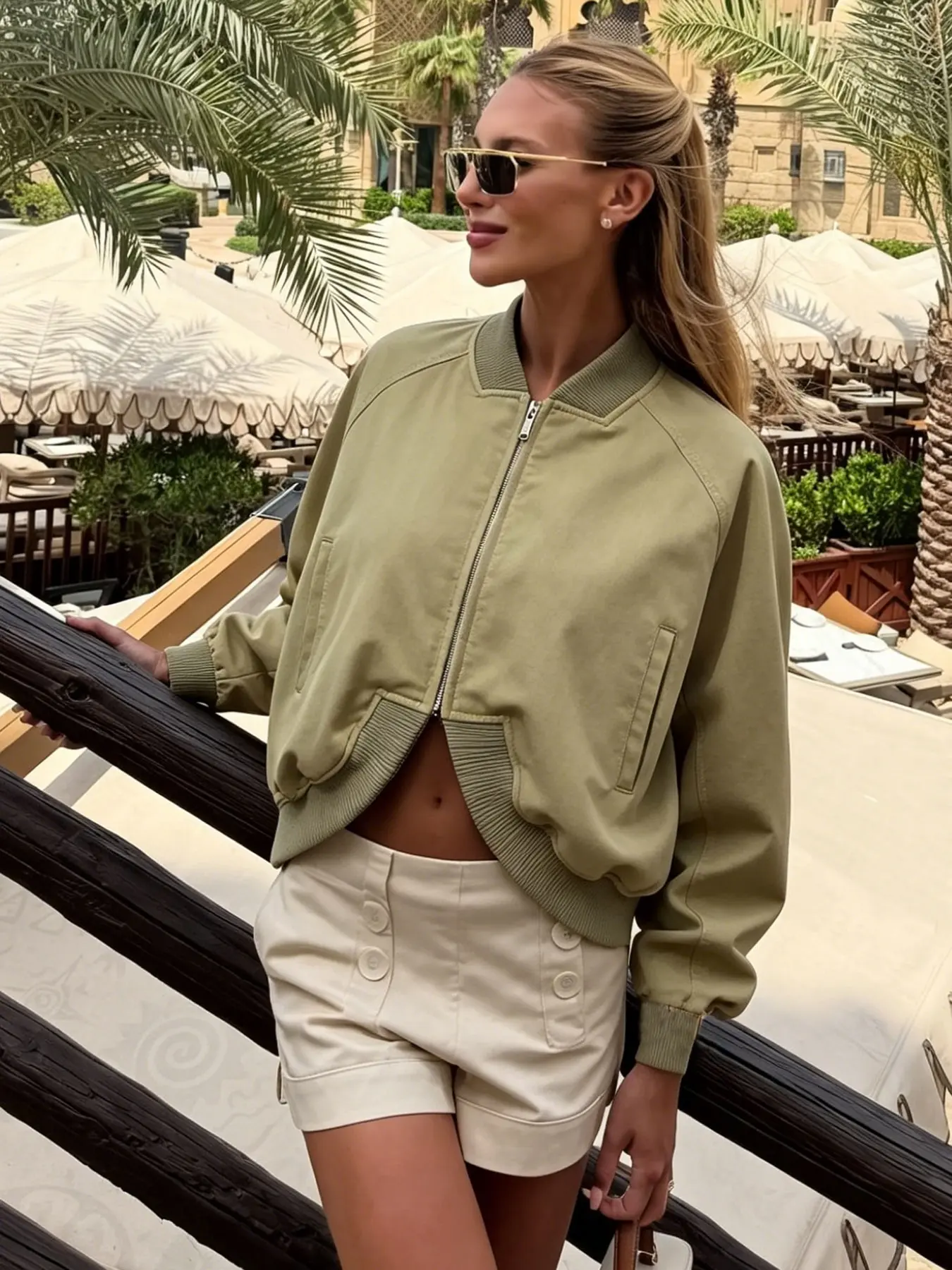 Women's Olive Green Loose Cropped Basic Bomber Jacket, Casual Zipper Coat, Vintage Casual Full-Zip Outerwear with Ribbed Collar & Cuffs, Side Pockets, Streetwear Layering Coat for Spring & Summer