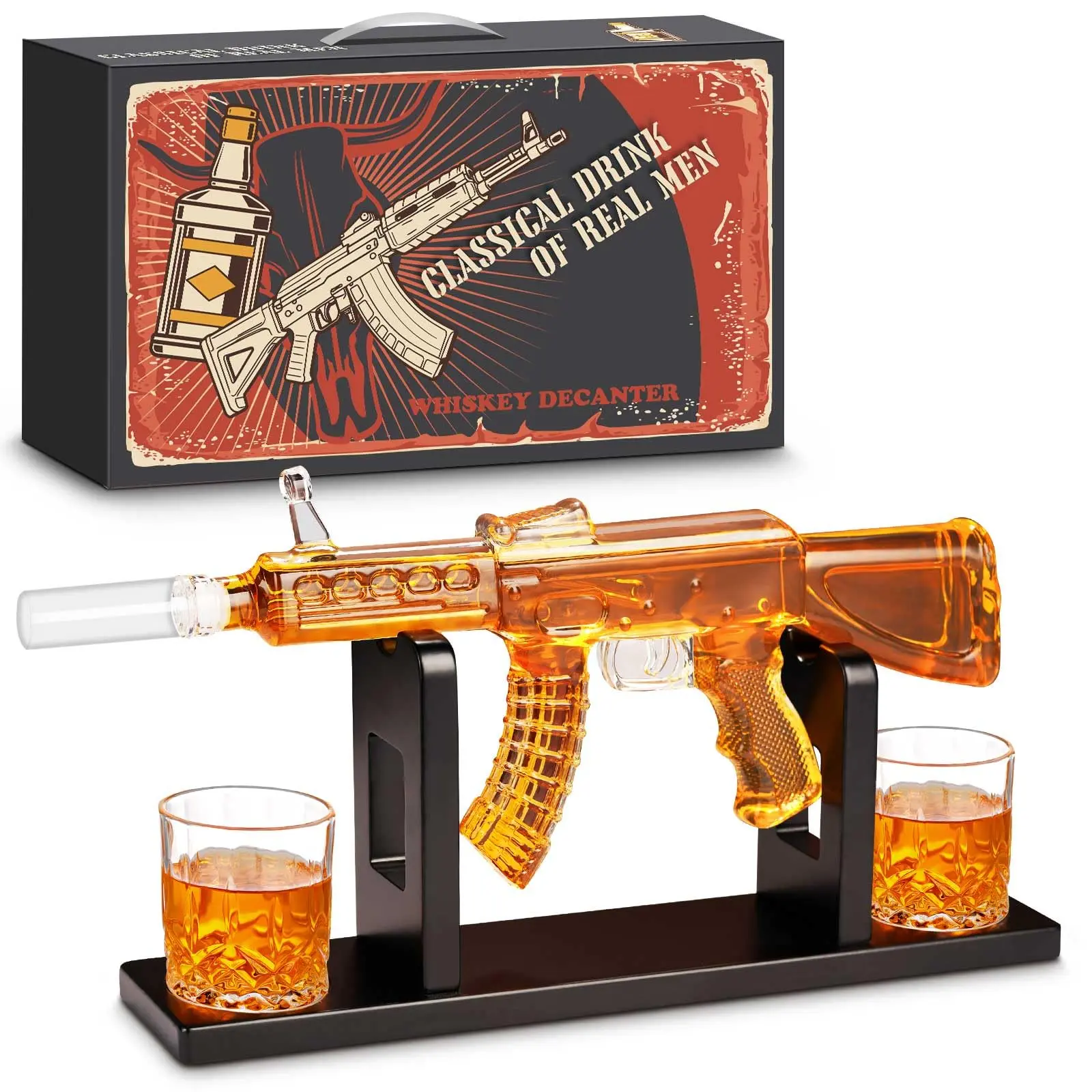 AK47 Sturdy Liquor Decanter Set with 2 Glasses, Home Bar Accessories for Adults’ Man Cave, Unique Birthday Gift for Husband Him Grandpa, Bourbon Scotch Barware