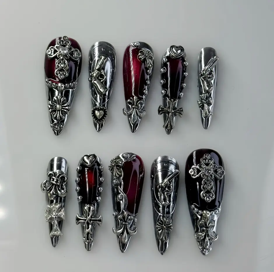 Gothic Chrome Press on Nails, Handmade Cross and Gun Custom 3D Art Nails, Silver & Red Acrylic Nails, Punk Metallic Silver Reusable Nails