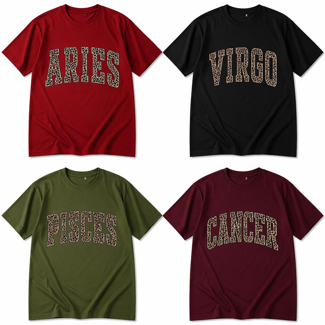 Zodiac Signs Leopard Print T-Shirt Aries Virgo Pisces Cancer Graphic Tee Unisex Astrology Shirt Trendy Animal Print Letter Tee Casual Streetwear Gift for Horoscope Lovers