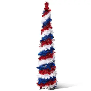 VeriNatural 5ft Patriotic Pop-Up Tinsel Pencil Tree – Red, White & Blue Decorations with Stars – USA Celebration Decor for Summer Holidays