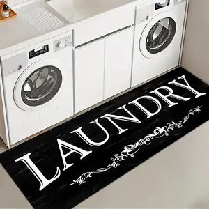 1 Pc Black Background Laundry Room Rug Soft And Comfortable Long Strip Carpet Printed Mat Anti Slip Floor Mat Suitable For Kitchen Living Room Bedroom Sink Laundry Room Decoration Carpet Mat