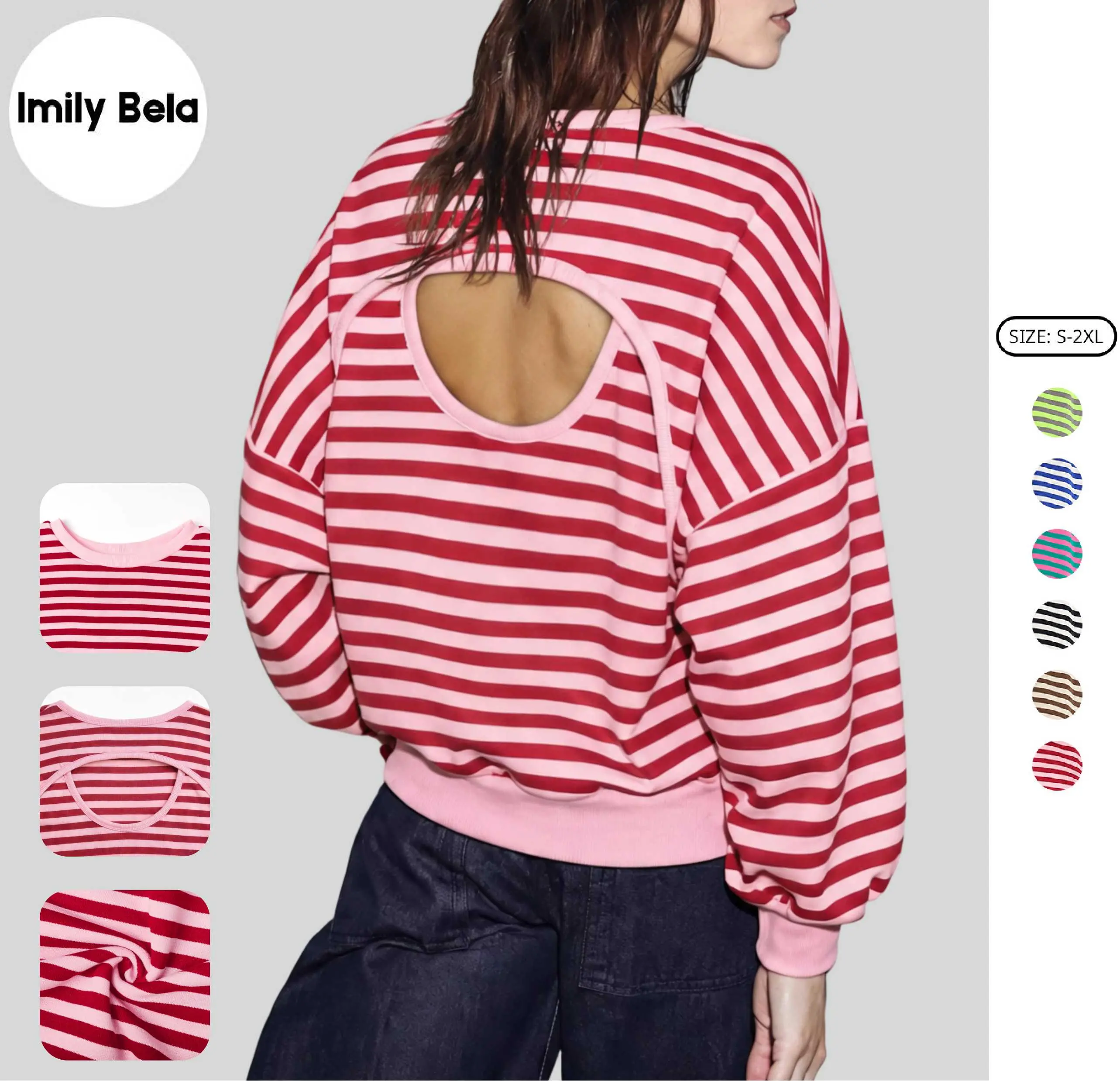Imily Bela Women’s Striped Oversized Pullover Sweatshirt, Open Back Design, 2026 Cutout Back Pullover Top, Fashion Casual Long Sleeve Shirt