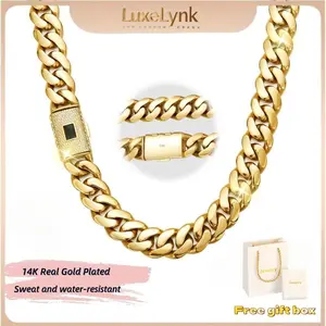 【New】14K gold-plated 14mm Cuban Miami style Necklace/Bracelet, electroplated with waterproof and rust-proof technology. The best gift for your family, suitable for leisure, business, entertainment and other occasions.Valentine's Day gift
