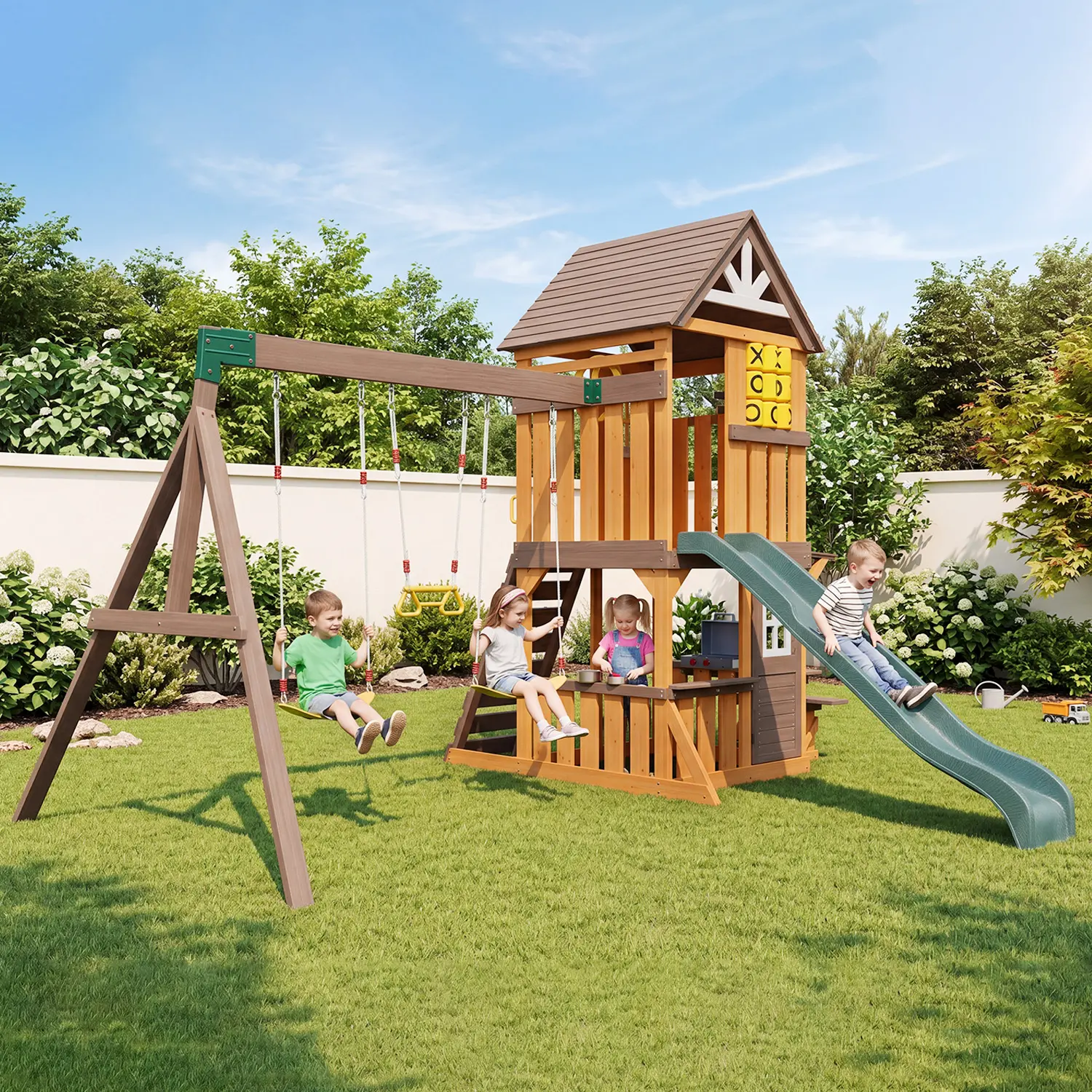 Aoxun Solid Fir Kids Multi-Use Outdoor Playhouse Swing Set, 14’l × 11.3’w × 9.4’h Backyard Playground with 7FT Wavy Slide, 3 Swings (400lbs Each Seat), Rock Climbing Wall, Pretend Kitchen, Tic-Tac-Toe Game, Weather-Resistant for Ages 3+