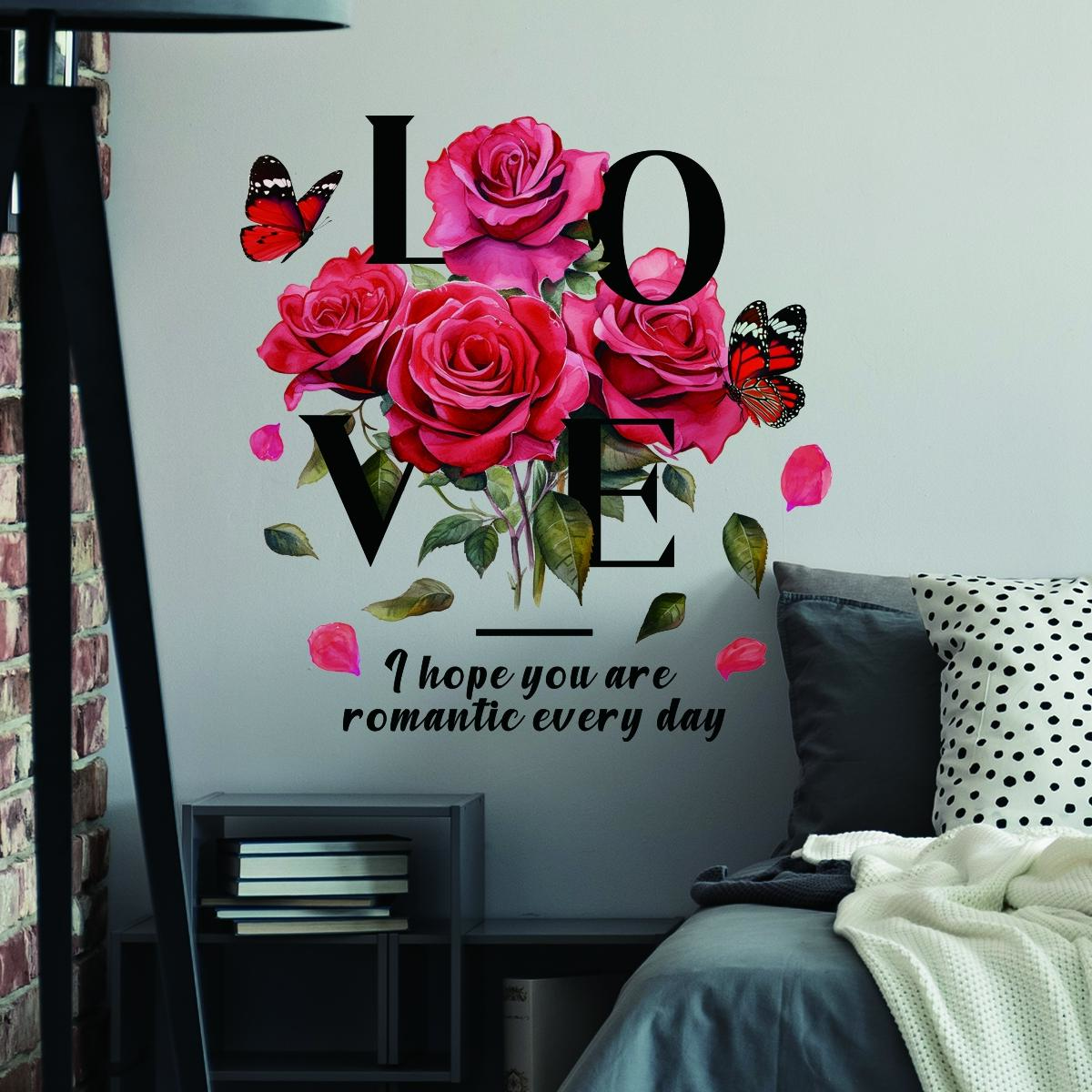 A set of two Valentine's Day flower creative "love" wall stickers for bathroom decoration, self-adhesive, Floral Pattern Sticker, home decor, MS2348, Wall Decal