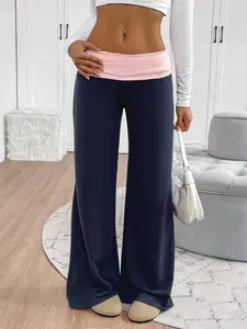 Buttery Soft Fold Over Waist Low Rise Y2K Flare Yoga Pants, Contrast Color Stretchy Bell Bottom Casual Lounge Leggings for Women, 2026 Trendy Slimming Wide Leg Pants for Streetwear, Daily & Vacation Wear, No See Through, Cute & Cozy, Premium Soft Fabric