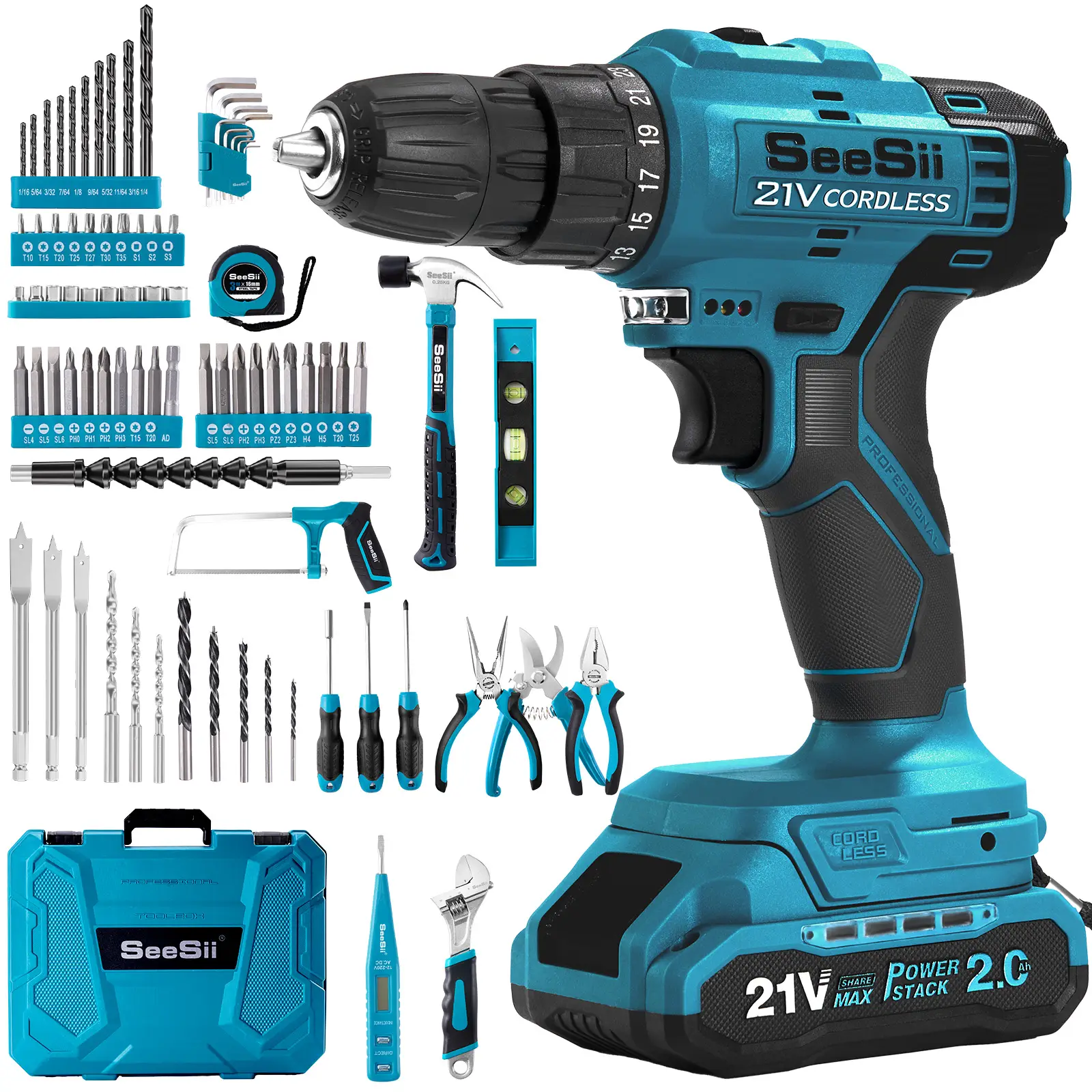 Seesii 230-Piece 21V Cordless Drill & Tool Set, Rechargeable, Lightweight & Portable, Multi Functional Electric Drill Tool Set, All in One Tool Kit fo