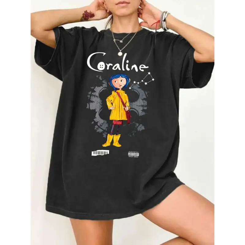 Women's 180g Coraline Cartoon Graphic Oversized Sports Top - Baggy, Loose, Casual, Comfortable Retro Animated Movie Fan Tee