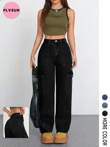 Flvsun- Women's High Waisted Cargo Jeans Stretch Wide Leg Denim Pants Trendy  Y2K Retro Streetwear Straight Leg Jeans with 6 Pockets,All-Season Casual Trousers for Women & Teens