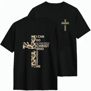 Estado Merch Men's Relaxed Fit Round Neck Short Sleeve Soft T-Shirt - Camo Cross Print, Philippians 4:13 Bible Verse, Stylish Day Aesthetics, Premium Fabric, Christian Menswear Tee, Unisex Religious Apparel (White)