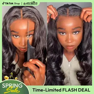West Kiss Pre Cut Ready Go Glueless Wig Body Wave 7x4 Lace Closure Wig Human Hair 7x5 Closure Wig Bleached Knots Pre Plucked 250% Density Gluleless Wig For Women TikTokShopSpringGlowUp