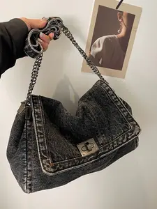 Fashion Denim Chain Strap Shoulder Bag, Casual Large Capacity Crossbody Bag for Women, Trendy All-match Commuter Bag for Daily Used