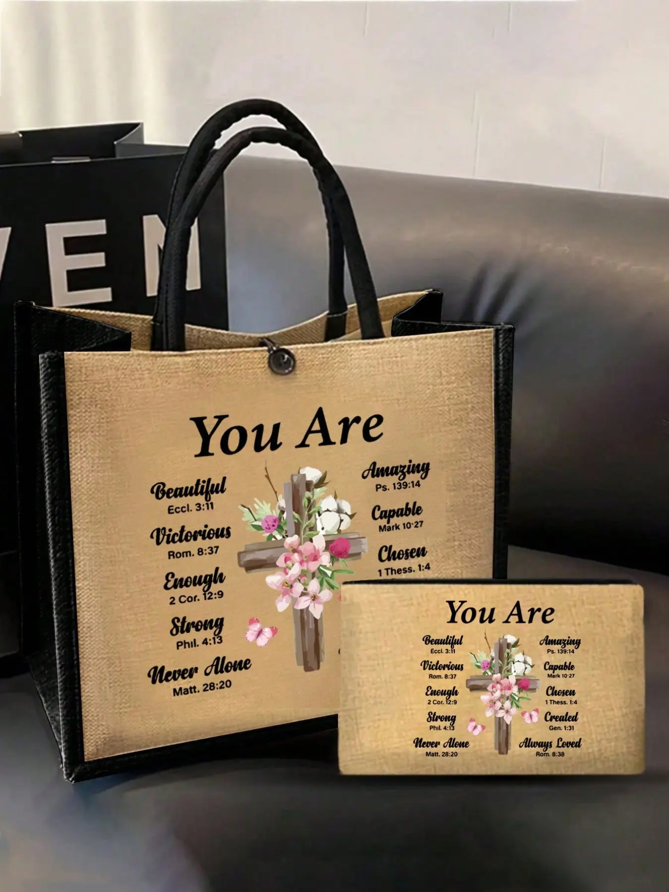 This inspirational Christian handbag and small bag are designed for women. The shoulder handbag features a cross, butterfly, floral, and letter pattern, making it the perfect religious gift for a soulmate and an ideal choice to thank a teacher.