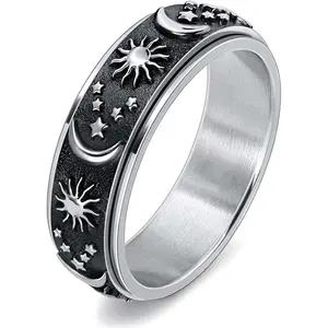 Celestial Rotating Titanium Steel Bohemian Rings - Star, Moon and Sun Motif Decompression Artificial Gemstone Hand Jewelry
