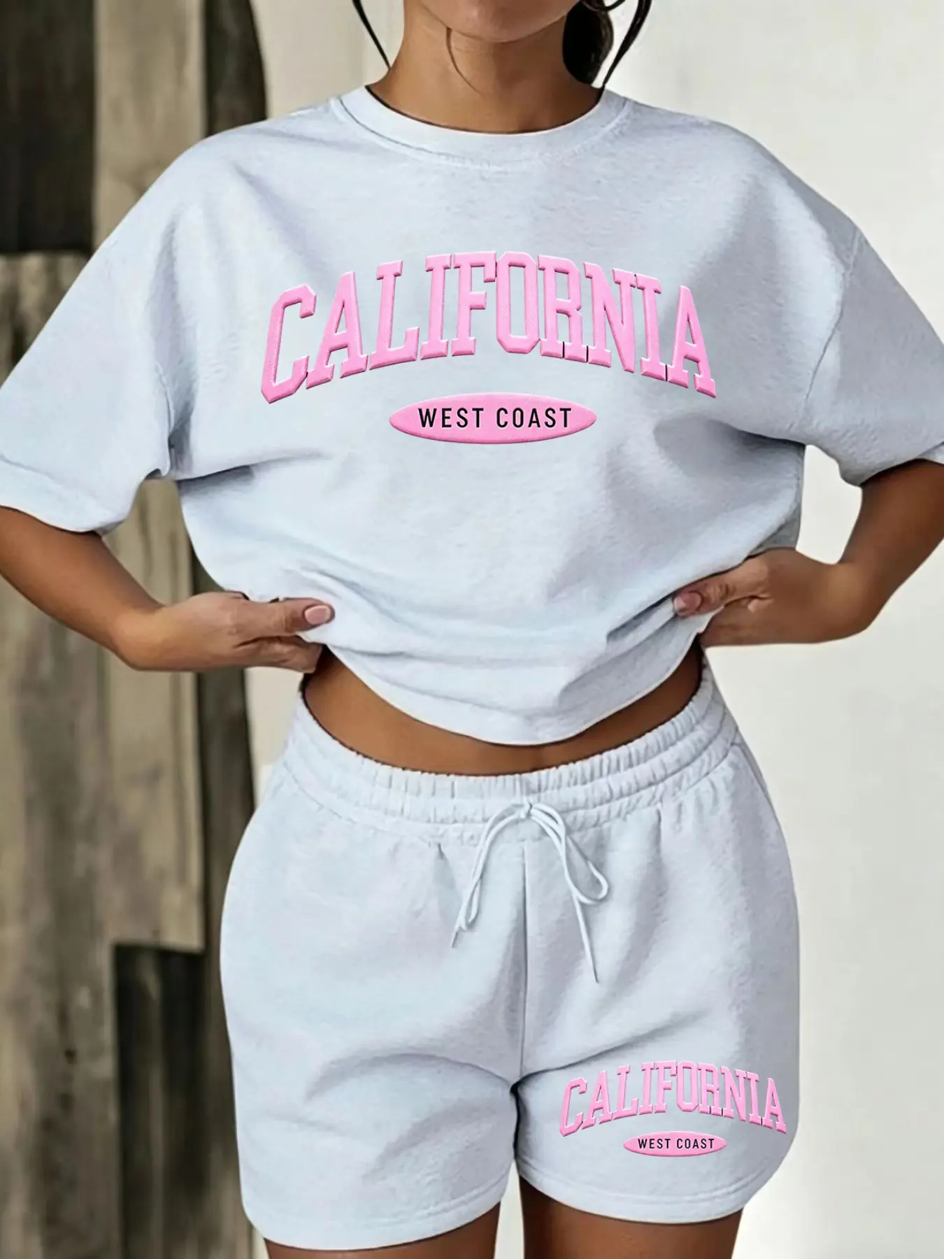 California West Coast Graphic Two Piece Summer Loungewear Sets Fit, Oversized Short Sleeve Tee & Drawstring Shorts, Y2K Aesthetic Comfy Casual Set for Gym, Beach and Daily Wear, Women Clothes