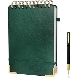 A5 Top Spiral Notebook, Large Leather Hardcover Top Bound Steno Pads, 240 Pages 100 gsm Thick Lined Paper Left Handed Notebook Journal for Work, School, Meeting Writing - Green, 5.9" x 8.5"