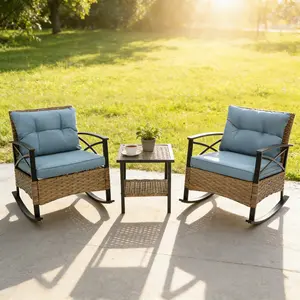 3pcs Patio Rocking Rattan Set, Outdoor Bistro Conversation Furniture with High Premium Cushions, 2 Rocker Chairs and Metal Two-Tier Side Table, for Porch & Backyard