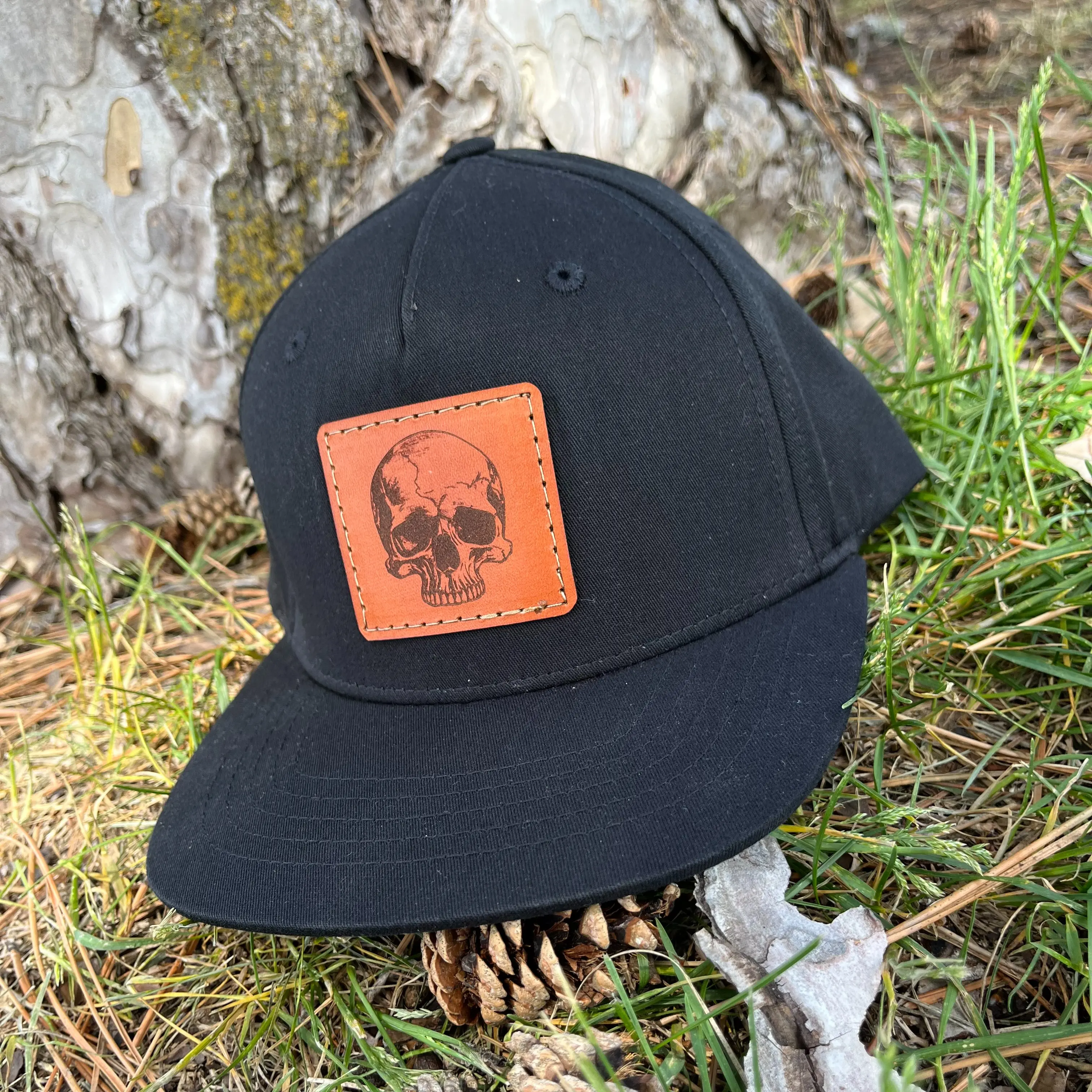 YOUTH Richardson 255 Flat bill Snap back Laser Engraved Leather Patch Hat- Skull Skeleton Hand Stitched Real Leather
