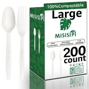 200PCS 7IN 100%Compostable Forks and Spoons Set All Natural USA Corn Plant Based Large Forks and Spoons Set  Heavy Duty Plastic-Free Disposable Forks and Spoons for Lounge Party BBQ Banquet Wedding Picnic.(Inclound 100Forks and 100Spoons)